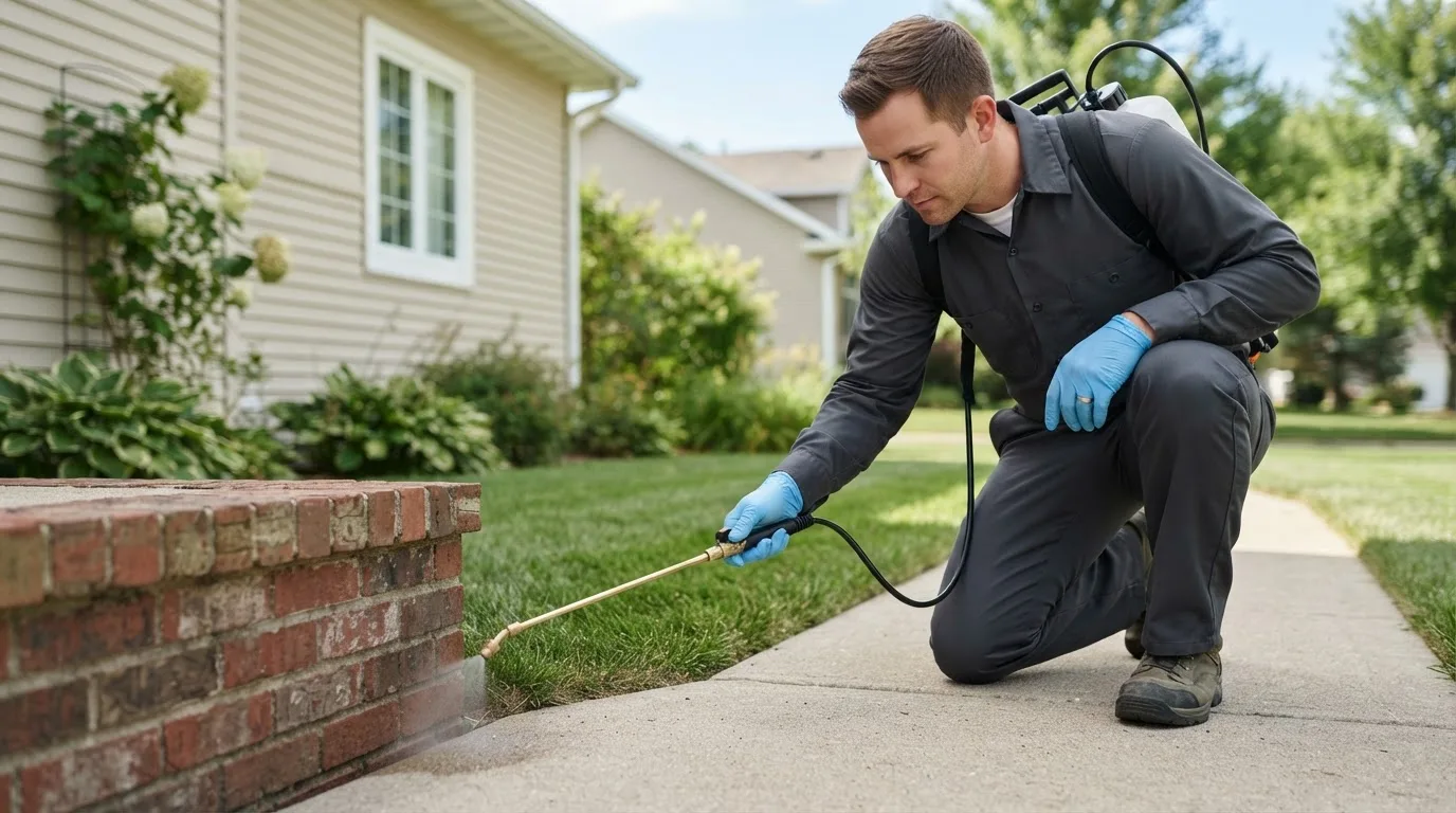 Pest control technician treating a home near Bridgeport, AL